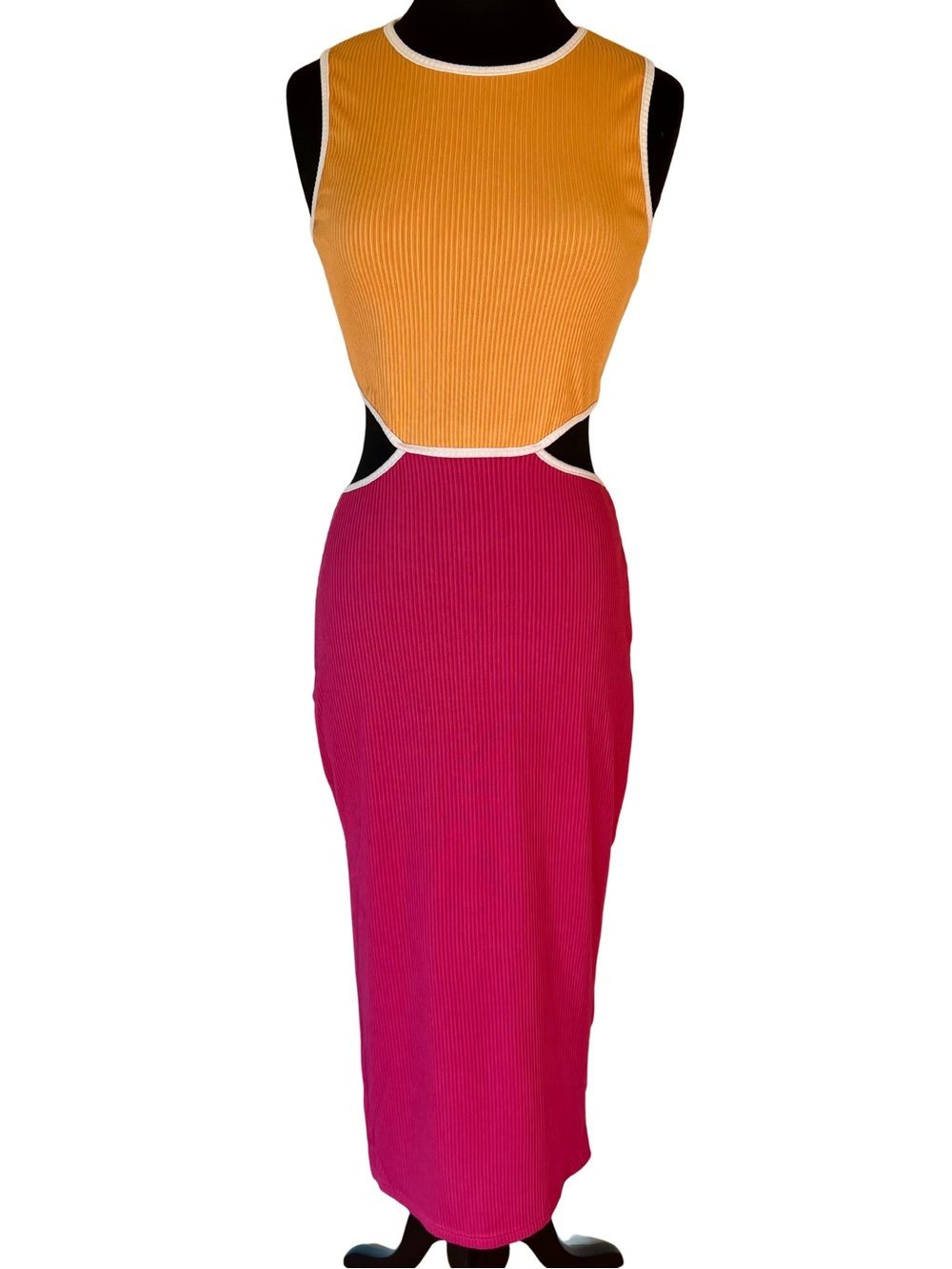 Two-Tone Ribbed Side Cutout Maxi Dress — Orange & Magenta Pink